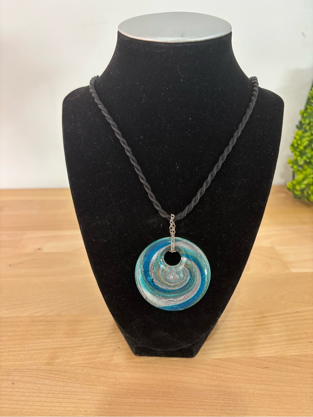 Handmade murano glass Blue Swirl Donut Pendant Necklace